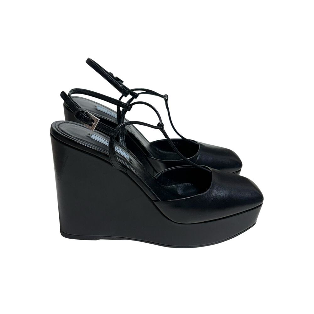 Prada Black Leather Wedge Sandals Size 38 EU 8 US - Picture 4 of 10